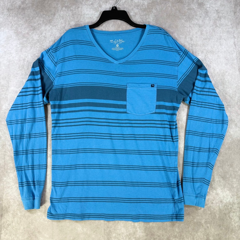 Salt Life T-Shirt Mens Large Blue‎ Striped Long Sleeve V-Neck Pocket Nautical